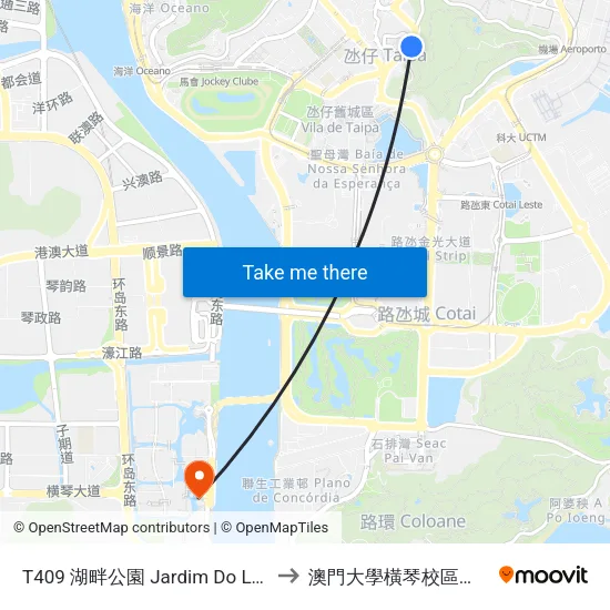 T409 湖畔公園 Jardim Do Lago, Lakeside Garden to 澳門大學橫琴校區中央教學樓東四座 map