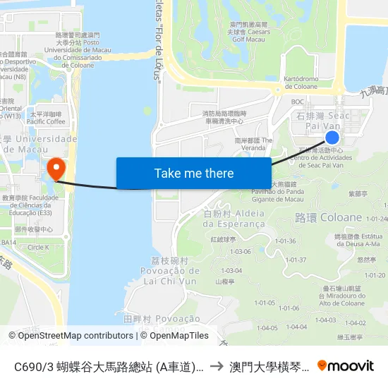 C690/3 蝴蝶谷大馬路總站 (A車道) Av. Vale Das Borboletas / Terminal (Via / Lane A) to 澳門大學橫琴校區中央教學樓東四座 map