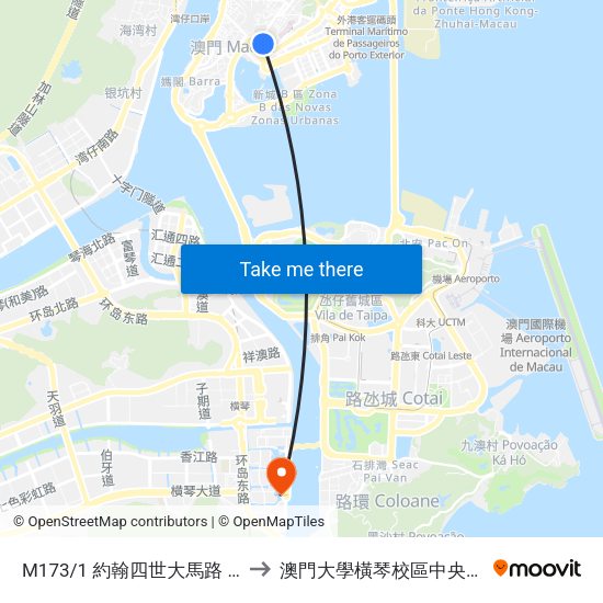 M173/1 約翰四世大馬路 Av. D. João IV to 澳門大學橫琴校區中央教學樓東四座 map