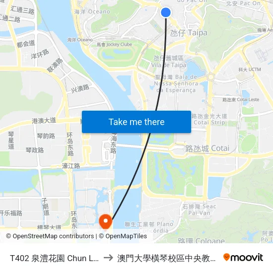 T402 泉澧花園 Chun Lai Garden to 澳門大學橫琴校區中央教學樓東四座 map