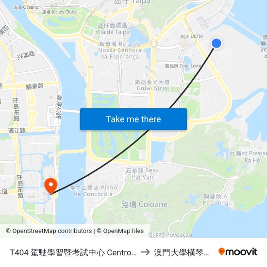 T404 駕駛學習暨考試中心 Centro De Aprendizagem E Exames De Condução to 澳門大學橫琴校區中央教學樓東四座 map