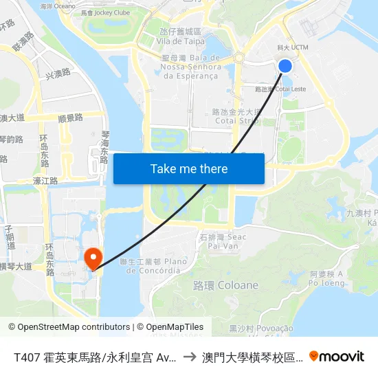 T407 霍英東馬路/永利皇宫 Av.Dr.Henry Fok / Wynn Palace to 澳門大學橫琴校區中央教學樓東四座 map