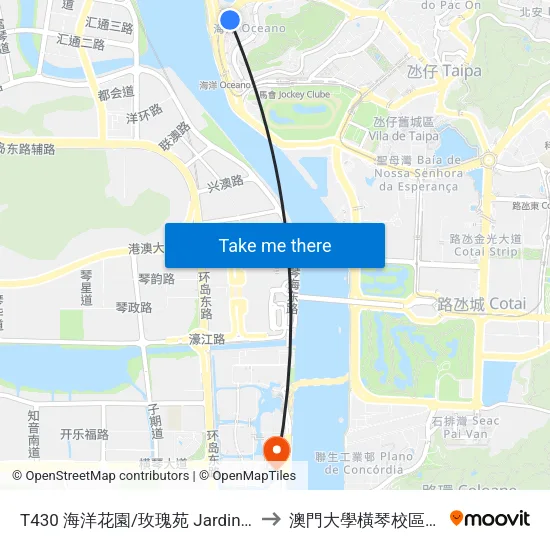 T430 海洋花園/玫瑰苑 Jardins Do Oceano / Rose Court to 澳門大學橫琴校區中央教學樓東四座 map