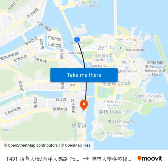 T431 西灣大橋/海洋大馬路 Ponte De Sai Van / Av. Do Oceano to 澳門大學橫琴校區中央教學樓東四座 map