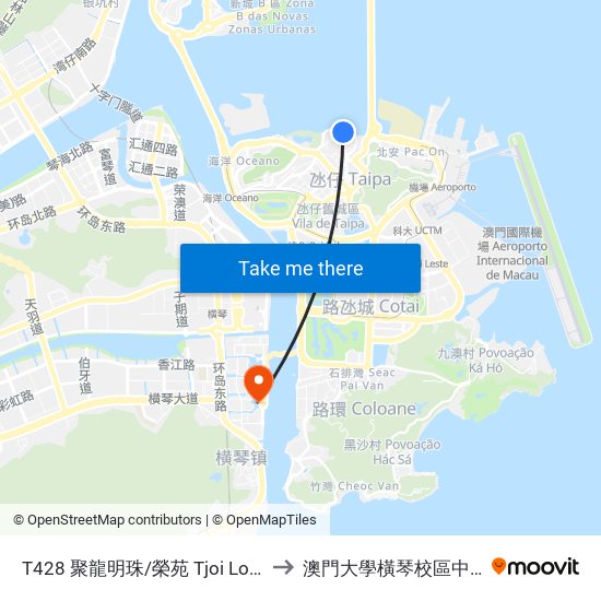 T428 聚龍明珠/榮苑 Tjoi Long Sea View/Bloco 1 to 澳門大學橫琴校區中央教學樓東四座 map