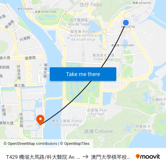T429 機場大馬路/科大醫院 Av. Do Aeroporto/ M.U.S.T.-Hospital to 澳門大學橫琴校區中央教學樓東四座 map