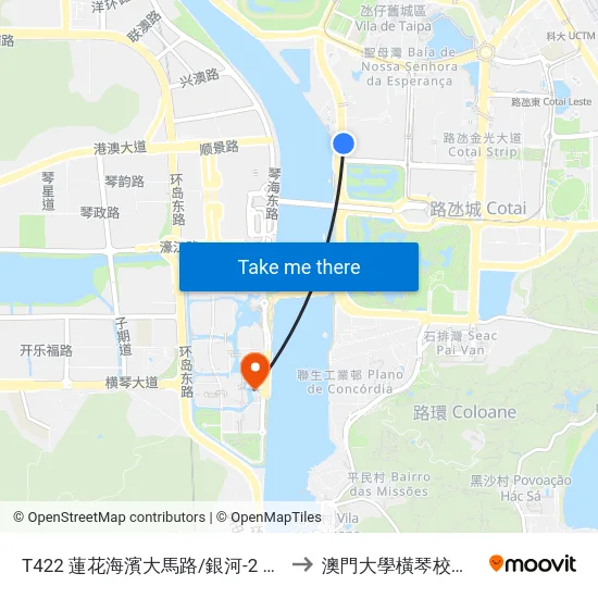 T422 蓮花海濱大馬路/銀河-2 Av. M. Flor De Lótus/ Galaxy-2 to 澳門大學橫琴校區中央教學樓東四座 map