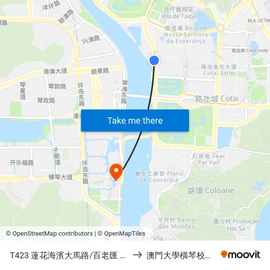 T423 蓮花海濱大馬路/百老匯 Av. M. Flor De Lótus/ Broadway to 澳門大學橫琴校區中央教學樓東四座 map