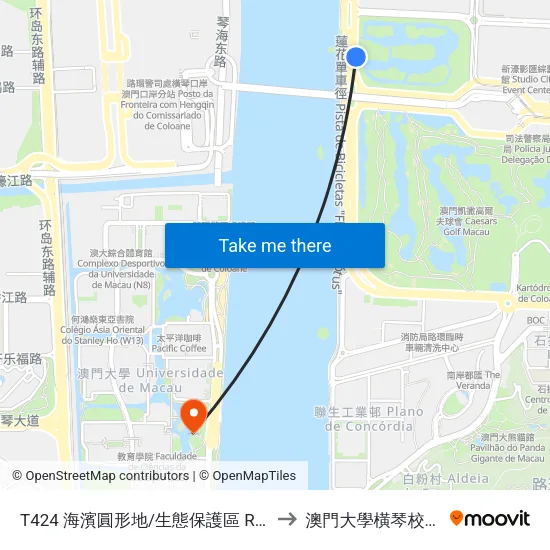 T424 海濱圓形地/生態保護區 Rotunda Marginal/Zonas Ecológicas to 澳門大學橫琴校區中央教學樓東四座 map