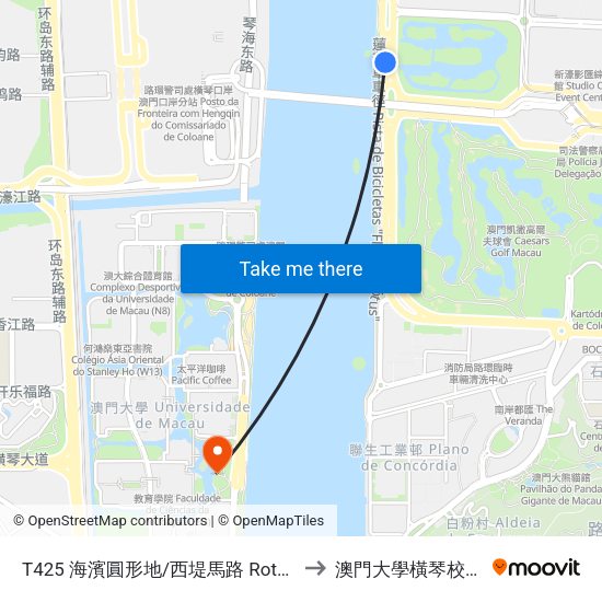 T425 海濱圓形地/西堤馬路 Rotunda Marginal/ Est. Do Dique Oeste to 澳門大學橫琴校區中央教學樓東四座 map