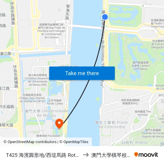 T425 海濱圓形地/西堤馬路 Rotunda Marginal/ Est. Do Dique Oeste to 澳門大學橫琴校區中央教學樓東四座 map