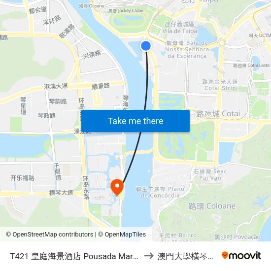 T421 皇庭海景酒店  Pousada Marina Infante, Royal Infante Harbour View Hotel to 澳門大學橫琴校區中央教學樓東四座 map