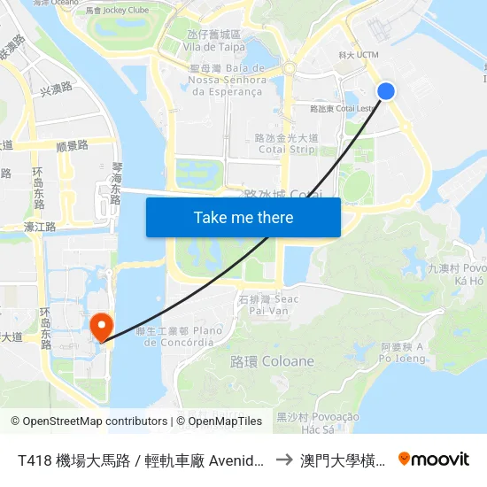 T418 機場大馬路 / 輕軌車廠 Avenida Do Aeroporto / Parque De Materiais E Oficina Do Metro Ligeiro to 澳門大學橫琴校區中央教學樓東四座 map