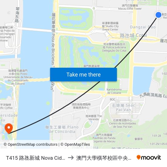 T415 路氹新城 Nova Cidade De Cotai to 澳門大學橫琴校區中央教學樓東四座 map