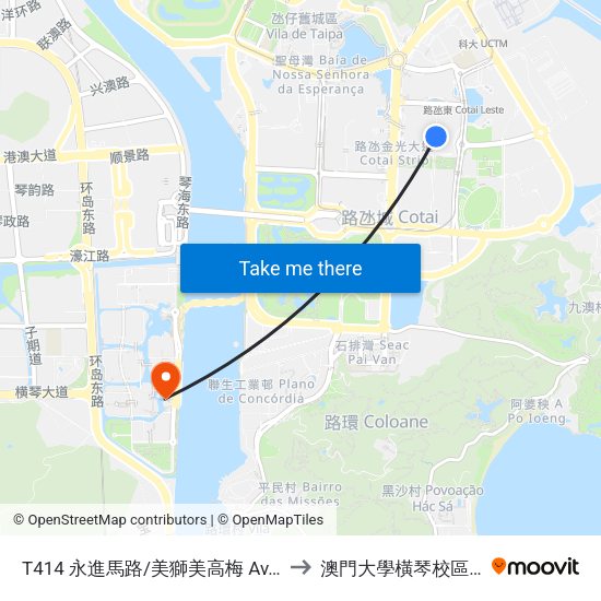 T414 永進馬路/美獅美高梅 Av. Do Progresso / Mgm Cotai to 澳門大學橫琴校區中央教學樓東四座 map