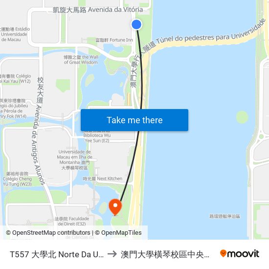 T557 大學北 Norte Da Universidade to 澳門大學橫琴校區中央教學樓東四座 map