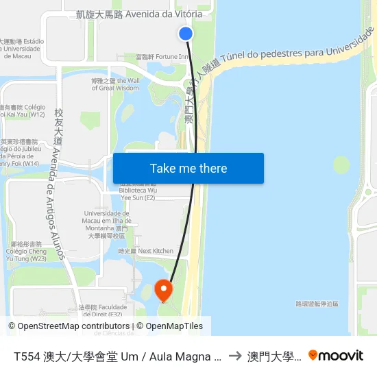 T554 澳大/大學會堂 Um / Aula Magna Da Universidade, Um / University Hall (N2- 大學會堂 University Hall, Aula Magna Da Universidade) to 澳門大學橫琴校區中央教學樓東四座 map