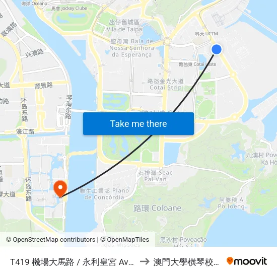 T419 機場大馬路 / 永利皇宮 Avenida Do Aeroporto / Wynn Palace to 澳門大學橫琴校區中央教學樓東四座 map