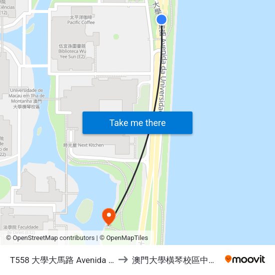 T558 大學大馬路 Avenida Da Universidade to 澳門大學橫琴校區中央教學樓東四座 map