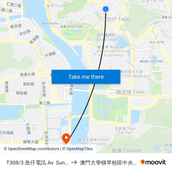 T308/3 氹仔電訊 Av. Sun Yat Sen/ Ctm to 澳門大學橫琴校區中央教學樓東四座 map