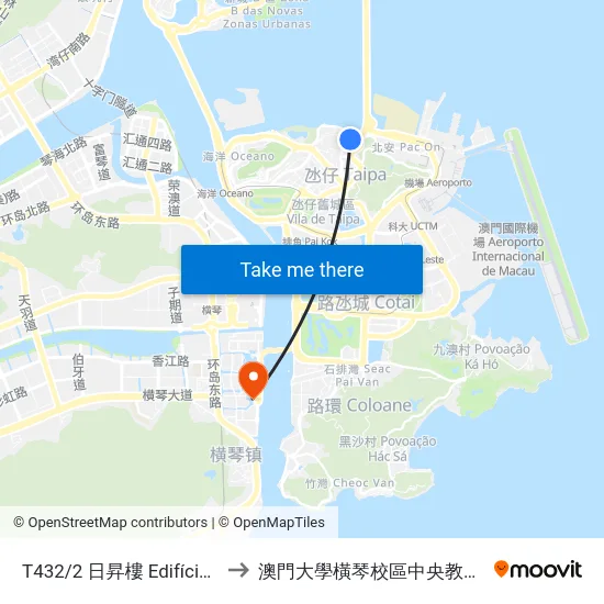 T432/2 日昇樓 Edifício Iat Seng to 澳門大學橫琴校區中央教學樓東四座 map