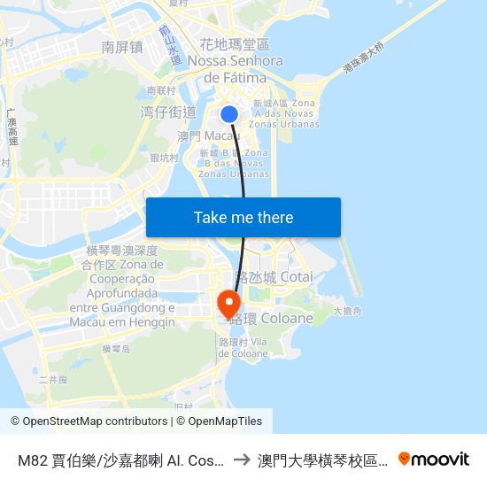 M82 賈伯樂/沙嘉都喇 Al. Costa Cabral/ Sacadura Cabral to 澳門大學橫琴校區中央教學樓東四座 map