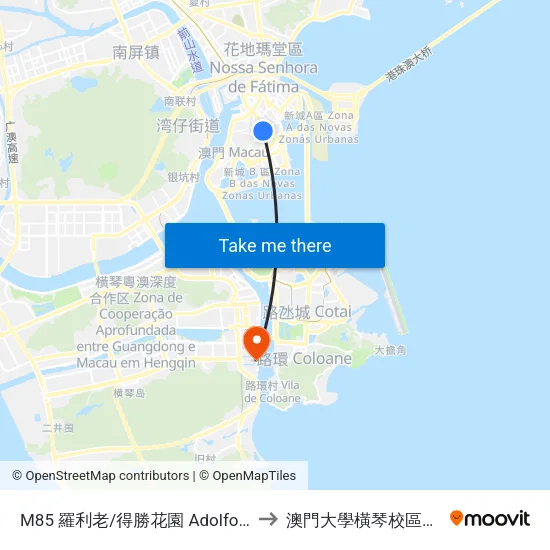 M85 羅利老/得勝花園 Adolfo Loureiro/ Jardim  Vitória to 澳門大學橫琴校區中央教學樓東四座 map