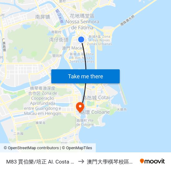 M83 賈伯樂/培正 Al. Costa Cabral/ Esc. Pui Ching to 澳門大學橫琴校區中央教學樓東四座 map