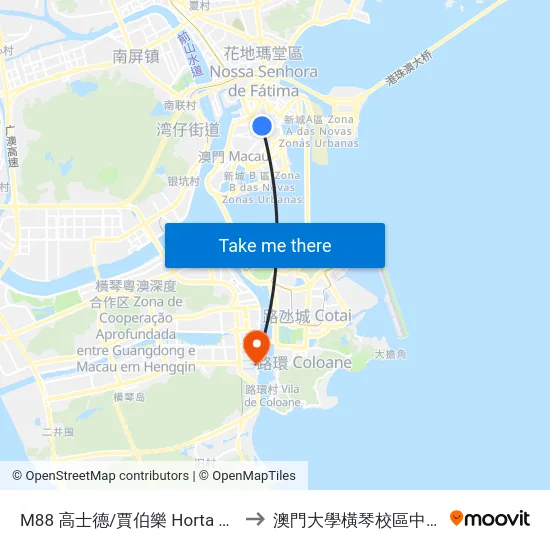 M88 高士德/賈伯樂 Horta Costa/ Costa Cabral to 澳門大學橫琴校區中央教學樓東四座 map