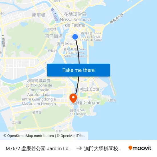 M76/2 盧廉若公園 Jardim Lou Lim Ioc, Lou Lim Ioc Garden to 澳門大學橫琴校區中央教學樓東四座 map