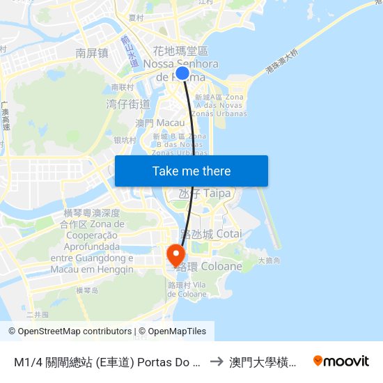 M1/4 關閘總站 (E車道) Portas Do Cerco/ Terminal, Barrier Gate / Terminal (Via / Lane E) to 澳門大學橫琴校區中央教學樓東四座 map