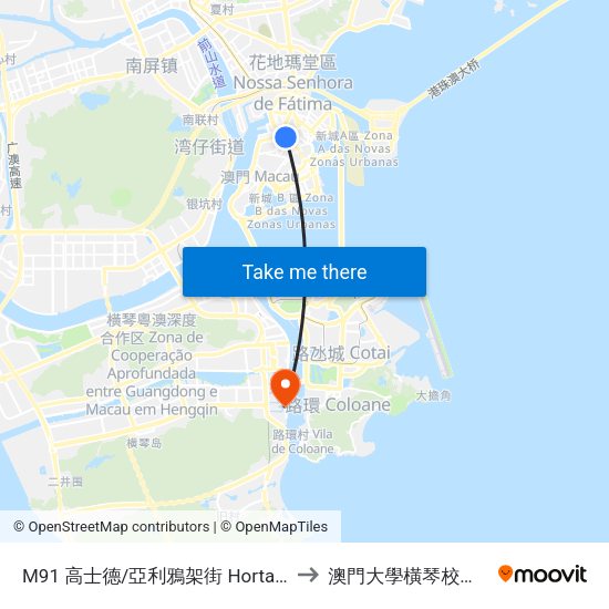 M91 高士德/亞利鴉架街 Horta E Costa/ Rua Manuel Arriaga to 澳門大學橫琴校區中央教學樓東四座 map