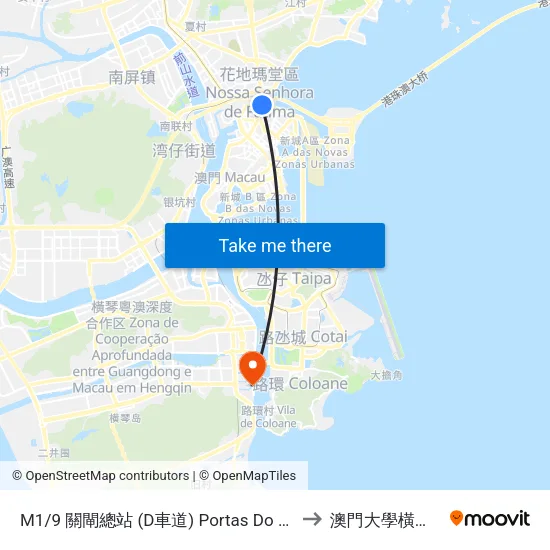 M1/9 關閘總站 (D車道) Portas Do Cerco/ Terminal, Barrier Gate / Terminal (Via / Lane D) to 澳門大學橫琴校區中央教學樓東四座 map
