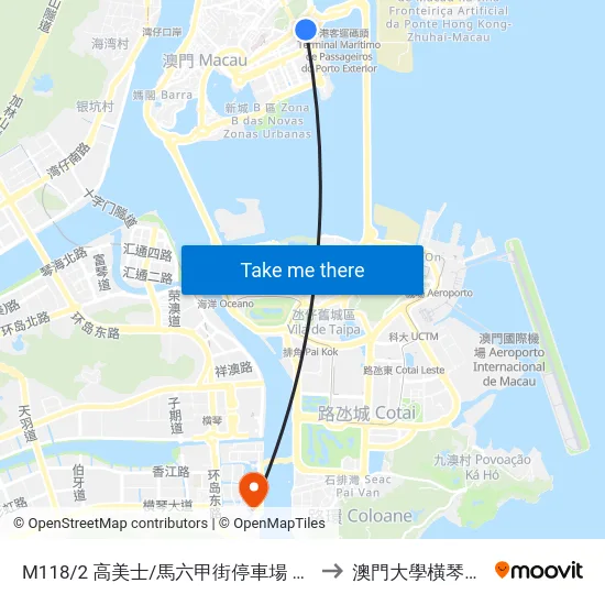 M118/2 高美士/馬六甲街停車場  Gonzaga Gomes/ Auto-Silo Da Rua De Malaca to 澳門大學橫琴校區中央教學樓東四座 map