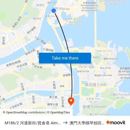 M186/2 河邊新街/貨倉巷 Alm. Sérgio / Trv. Dos Armazéns to 澳門大學橫琴校區中央教學樓東四座 map