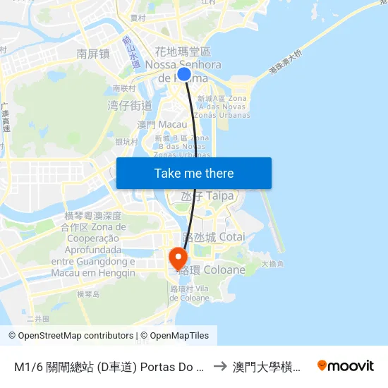 M1/6 關閘總站 (D車道) Portas Do Cerco/ Terminal, Barrier Gate / Terminal (Via / Lane D) to 澳門大學橫琴校區中央教學樓東四座 map