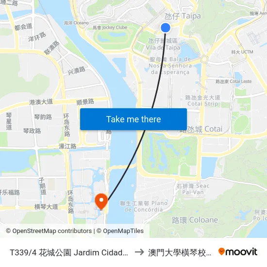 T339/4 花城公園 Jardim Cidade Das Flores, Garden Of Flower City to 澳門大學橫琴校區中央教學樓東四座 map