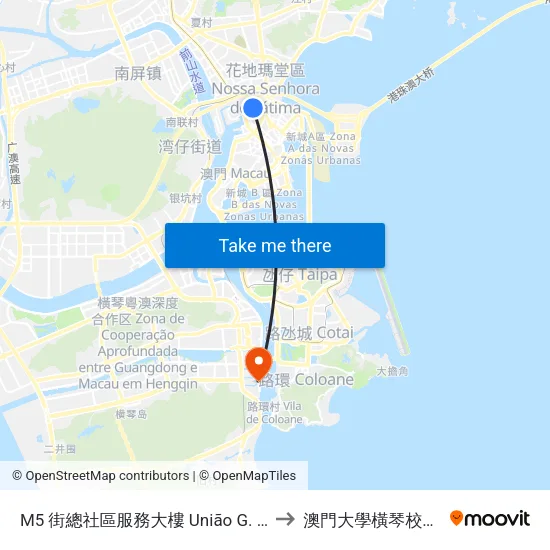 M5 街總社區服務大樓 União G. Das Associações Dos Moradores to 澳門大學橫琴校區中央教學樓東四座 map