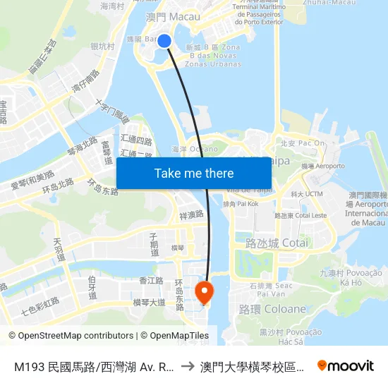 M193 民國馬路/西灣湖 Av. República/ Lago Sai Wan to 澳門大學橫琴校區中央教學樓東四座 map