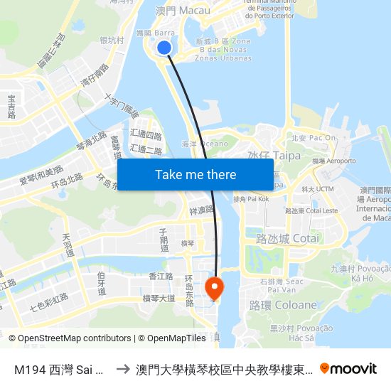 M194 西灣 Sai Wan to 澳門大學橫琴校區中央教學樓東四座 map