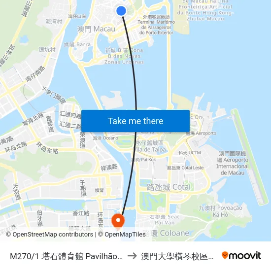 M270/1 塔石體育館 Pavilhão Polidesportivo Tap Seac to 澳門大學橫琴校區中央教學樓東四座 map