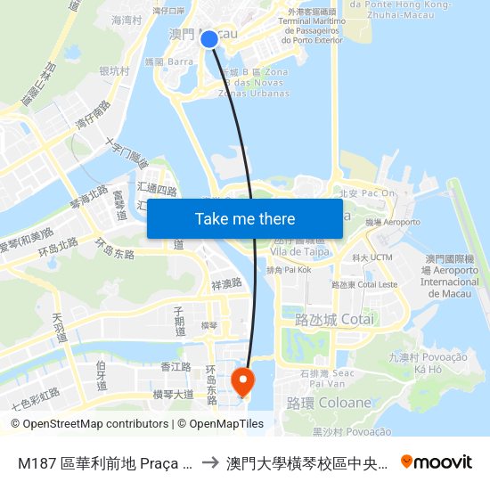 M187 區華利前地 Praça Jorge Alvares to 澳門大學橫琴校區中央教學樓東四座 map
