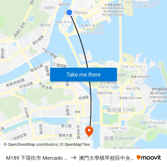 M189 下環街市 Mercado De S. Lourenço to 澳門大學橫琴校區中央教學樓東四座 map
