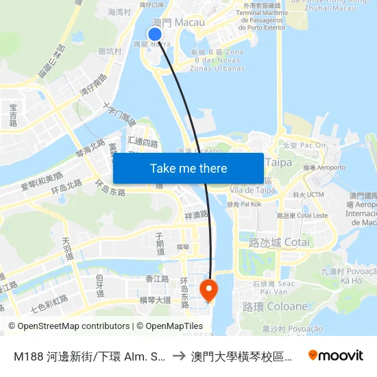 M188 河邊新街/下環 Alm. Sérgio/ Praia Manduco to 澳門大學橫琴校區中央教學樓東四座 map