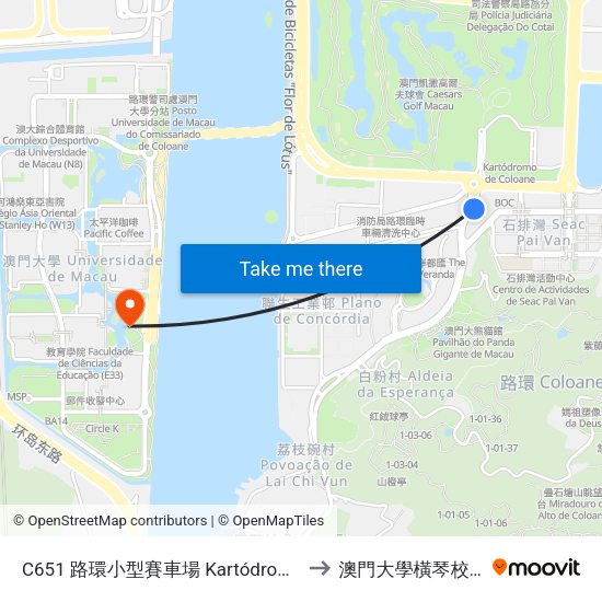 C651 路環小型賽車場 Kartódromo De Coloane, Coloane Karting Track to 澳門大學橫琴校區中央教學樓東四座 map
