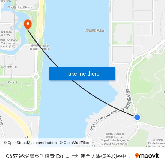 C657 路環警察訓練營 Est. Do Campo/ Psp-1 to 澳門大學橫琴校區中央教學樓東四座 map