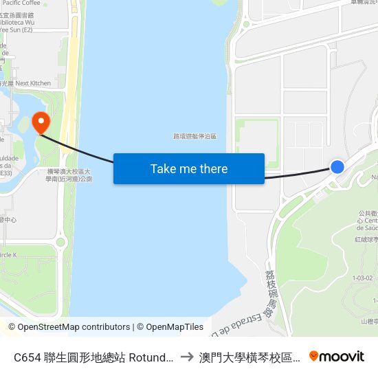 C654 聯生圓形地總站 Rotunda Da Concórdia／Terminal to 澳門大學橫琴校區中央教學樓東四座 map