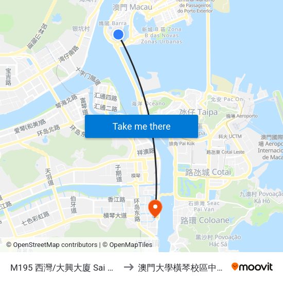 M195 西灣/大興大廈 Sai Wan/ Edf. Tai Heng to 澳門大學橫琴校區中央教學樓東四座 map