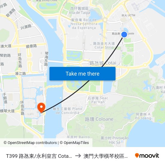 T399 路氹東/永利皇宫 Cotai Leste / Wynn Palace to 澳門大學橫琴校區中央教學樓東四座 map