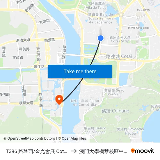 T396 路氹西/金光會展 Cotai Oeste/ Cotaiexpo to 澳門大學橫琴校區中央教學樓東四座 map